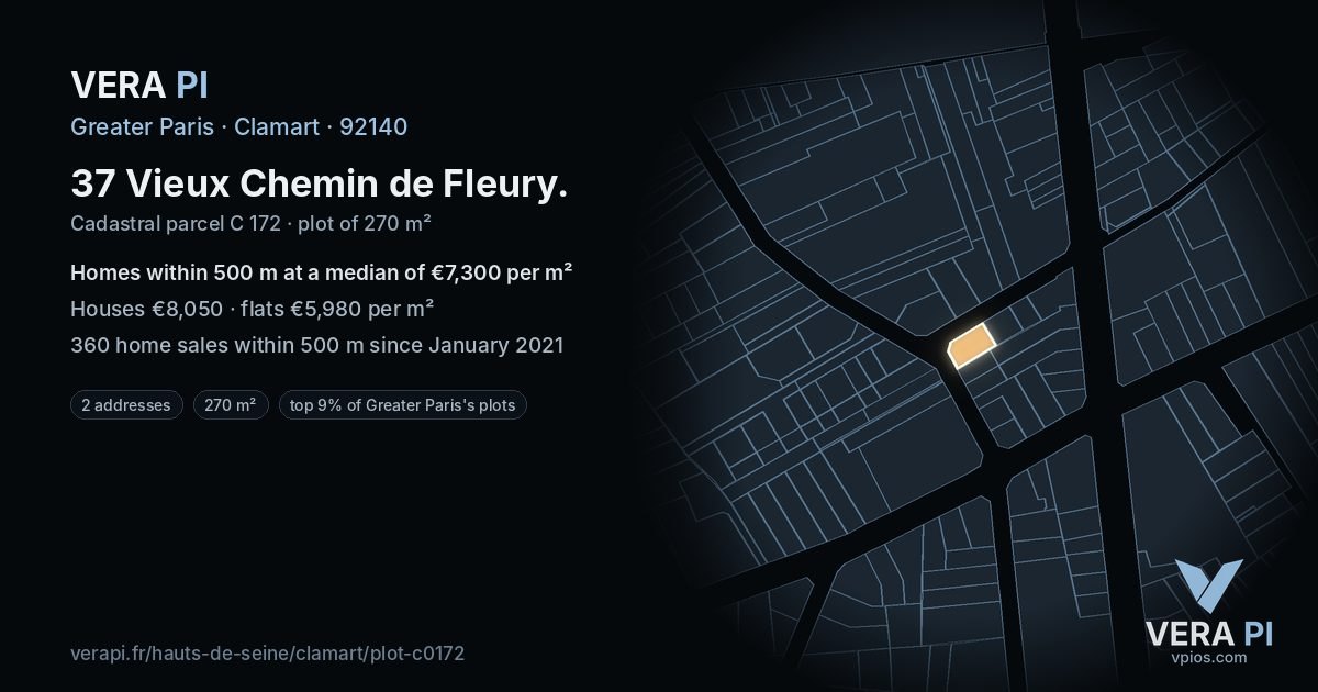 37 Vieux Chemin de Fleury, Clamart at night – the plot lit, the parcels around coloured by the prices near them