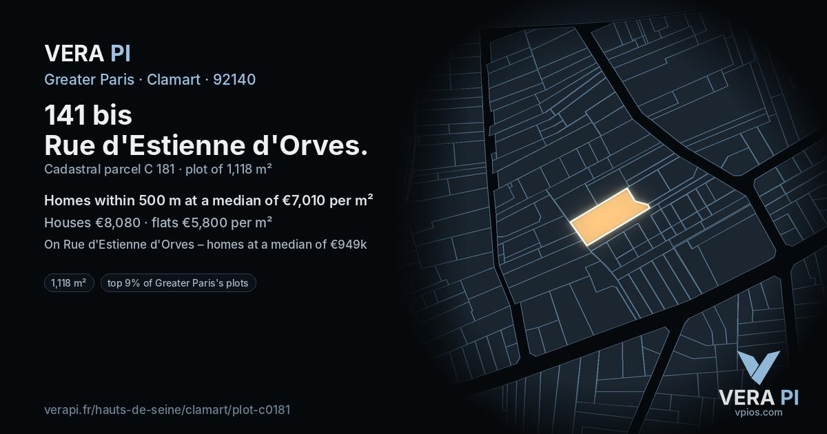 141 bis Rue d'Estienne d'Orves, Clamart at night – the plot lit, the parcels around coloured by the prices near them