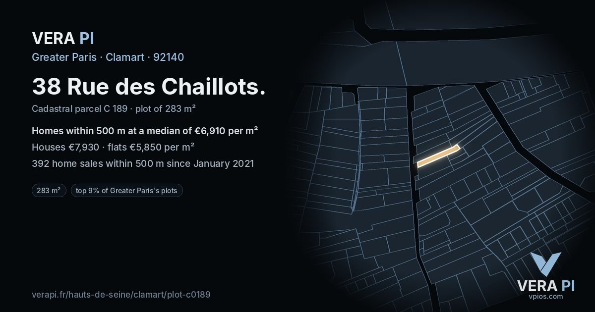 38 Rue des Chaillots, Clamart at night – the plot lit, the parcels around coloured by the prices near them