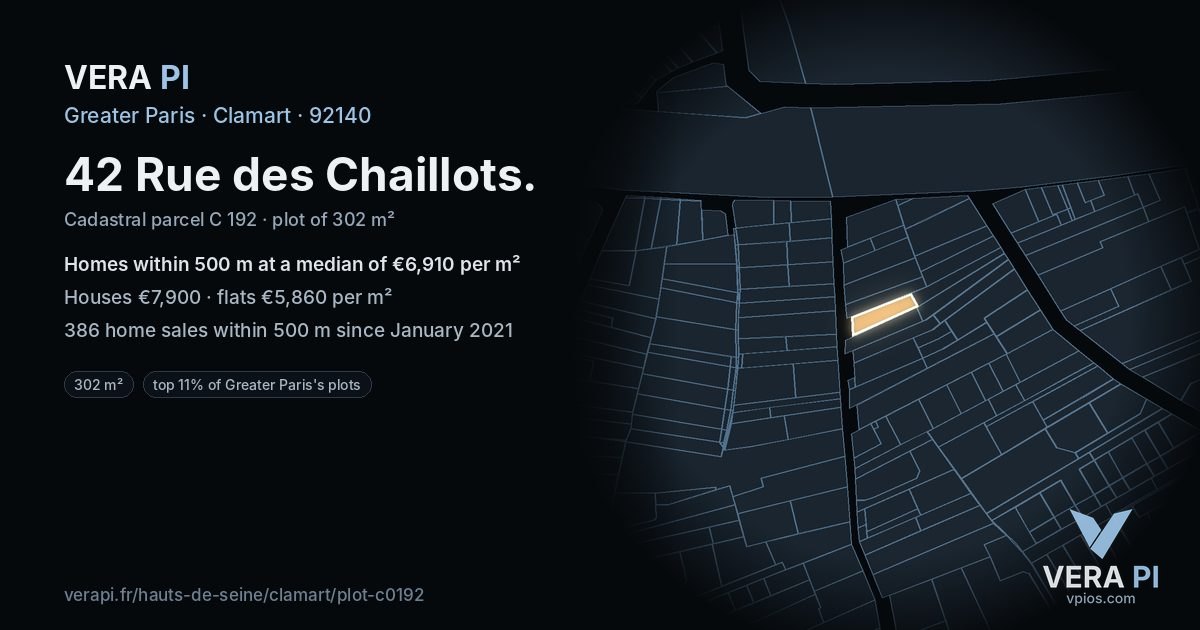 42 Rue des Chaillots, Clamart at night – the plot lit, the parcels around coloured by the prices near them