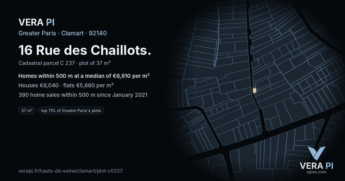 16 Rue des Chaillots, Clamart at night – the plot lit, the parcels around coloured by the prices near them