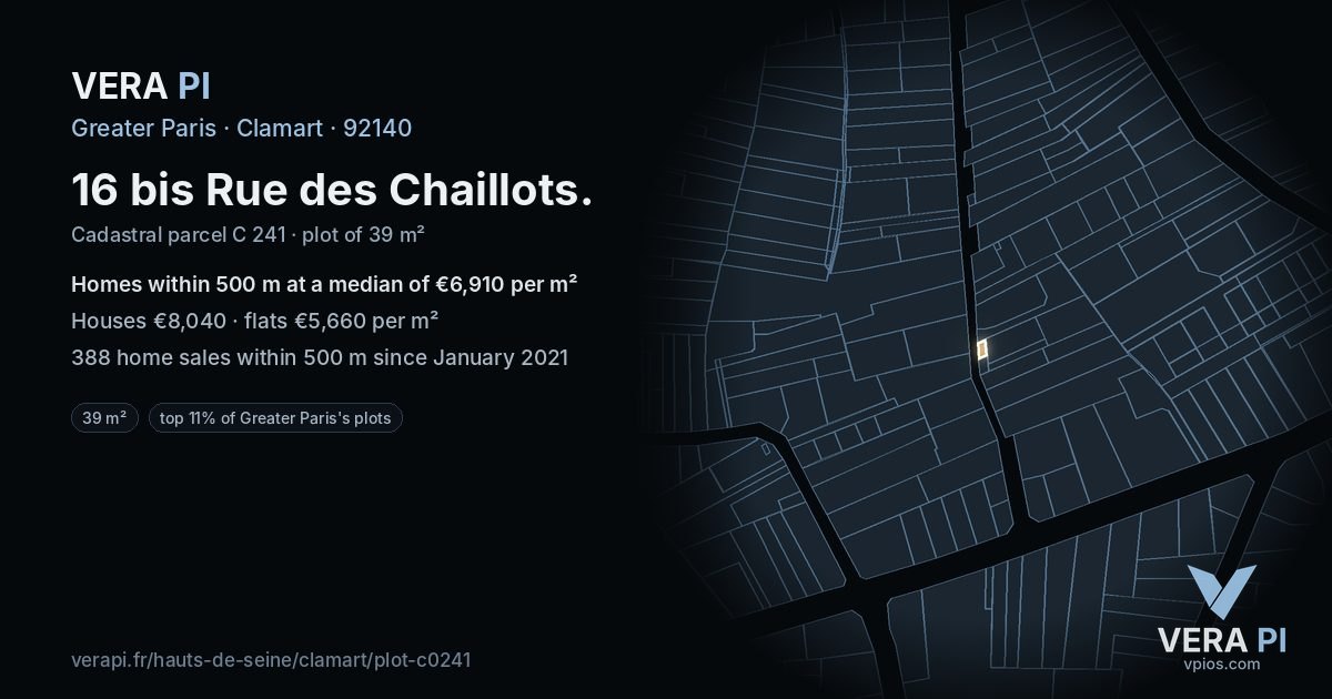 16 bis Rue des Chaillots, Clamart at night – the plot lit, the parcels around coloured by the prices near them