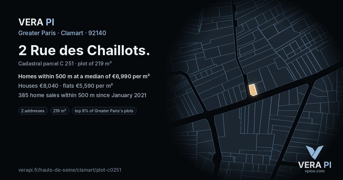 2 Rue des Chaillots, Clamart at night – the plot lit, the parcels around coloured by the prices near them