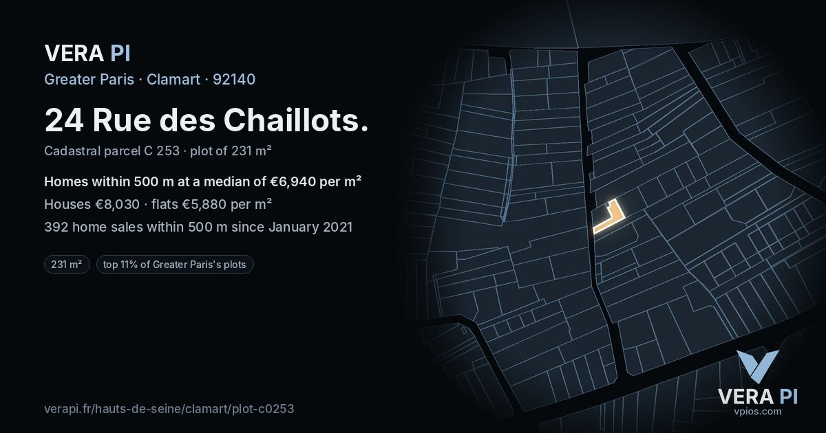24 Rue des Chaillots, Clamart at night – the plot lit, the parcels around coloured by the prices near them
