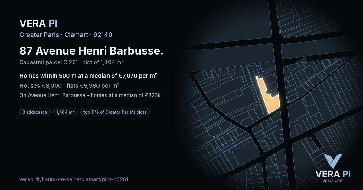 87 Avenue Henri Barbusse, Clamart at night – the plot lit, the parcels around coloured by the prices near them
