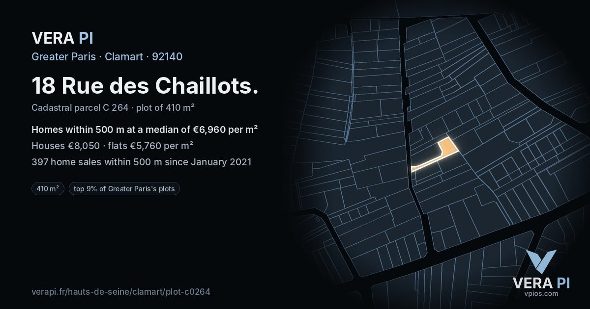 18 Rue des Chaillots, Clamart at night – the plot lit, the parcels around coloured by the prices near them