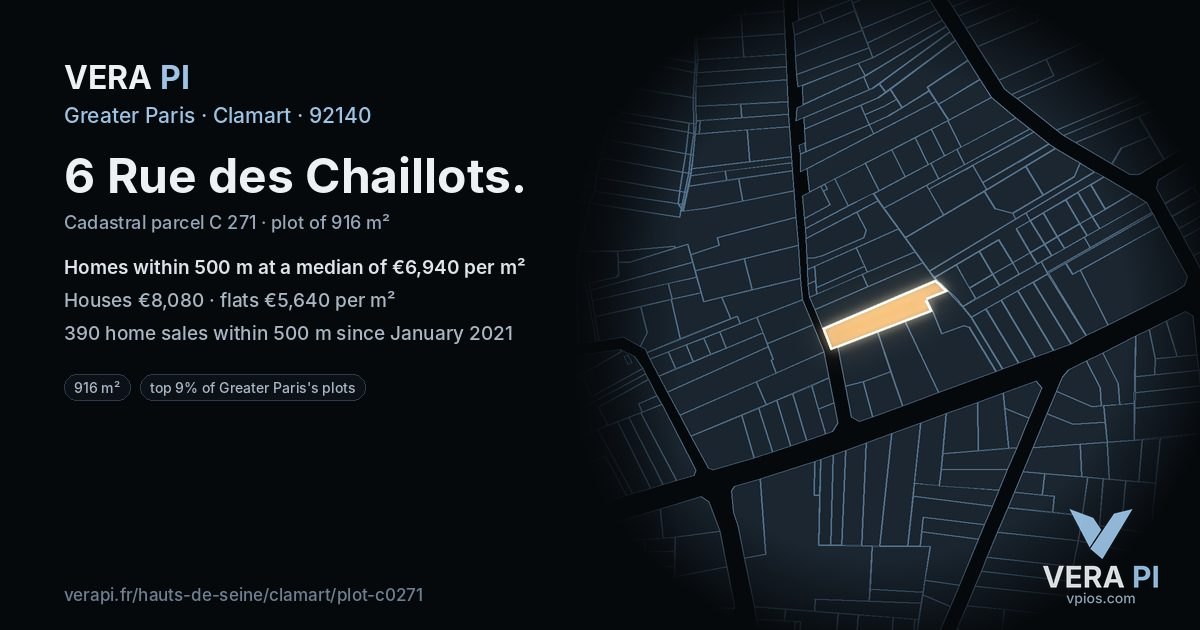 6 Rue des Chaillots, Clamart at night – the plot lit, the parcels around coloured by the prices near them