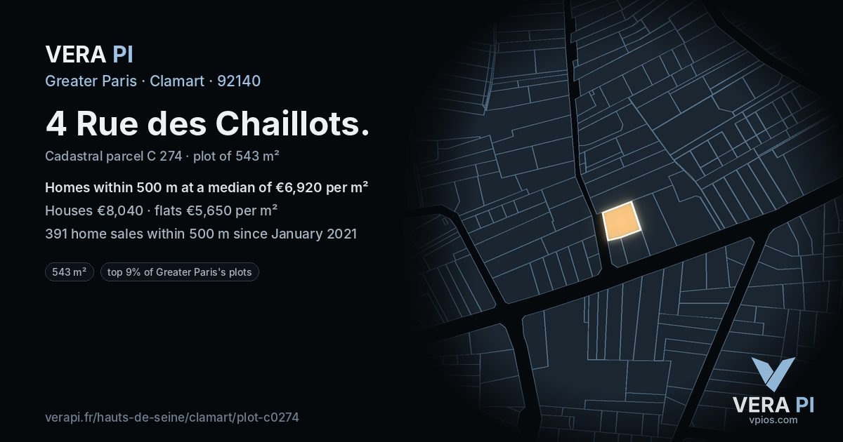 4 Rue des Chaillots, Clamart at night – the plot lit, the parcels around coloured by the prices near them