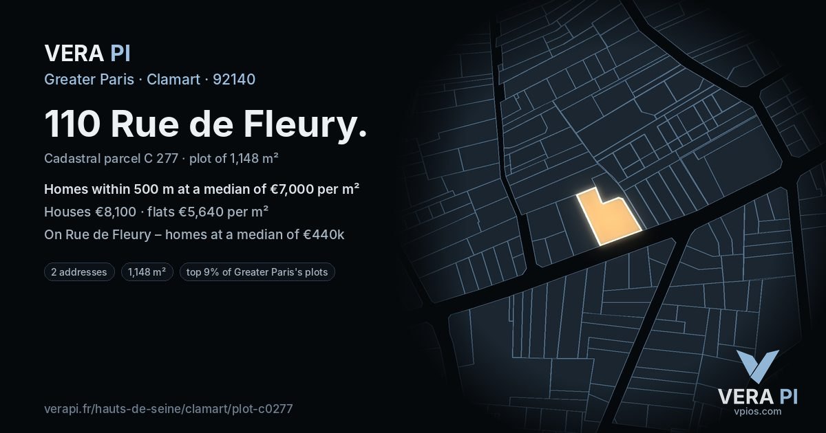 110 Rue de Fleury, Clamart at night – the plot lit, the parcels around coloured by the prices near them