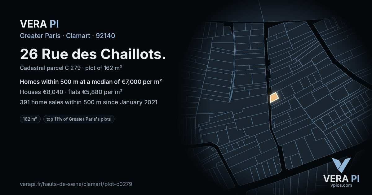 26 Rue des Chaillots, Clamart at night – the plot lit, the parcels around coloured by the prices near them