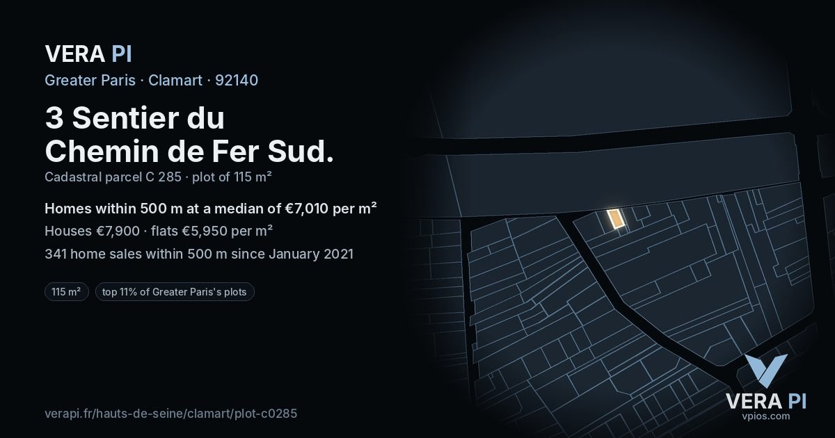 3 Sentier du Chemin de Fer Sud, Clamart at night – the plot lit, the parcels around coloured by the prices near them