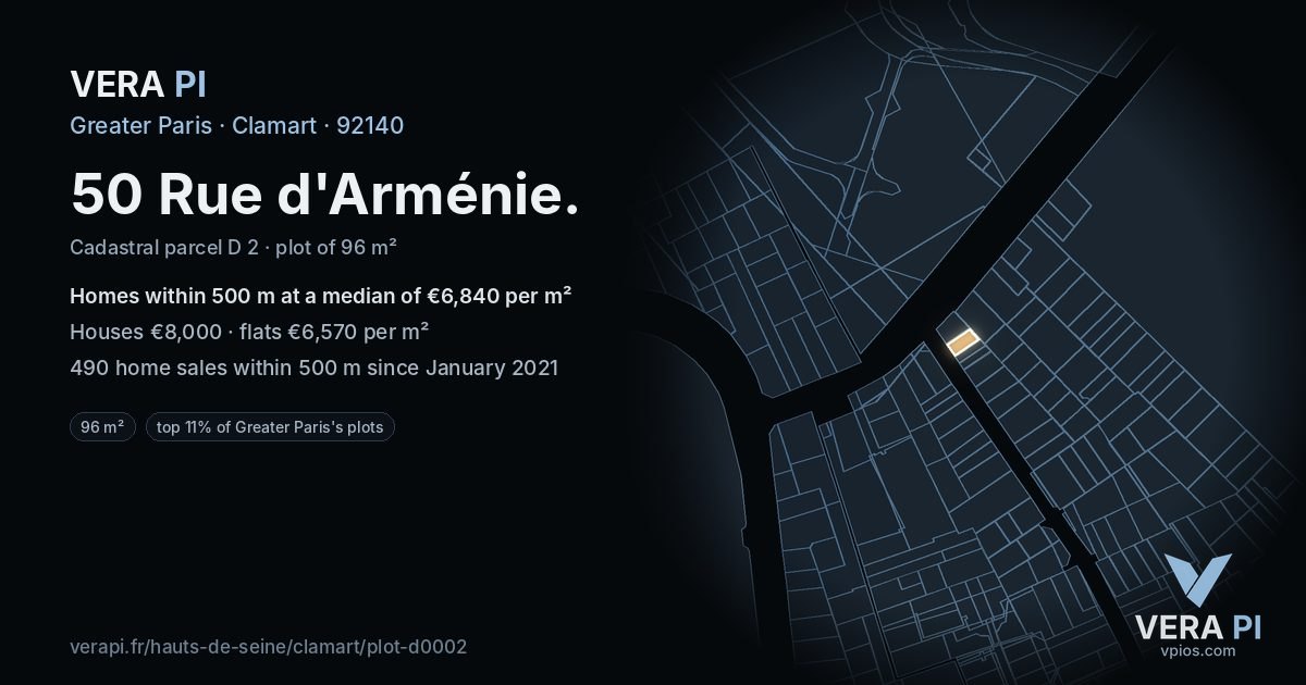 50 Rue d'Arménie, Clamart at night – the plot lit, the parcels around coloured by the prices near them