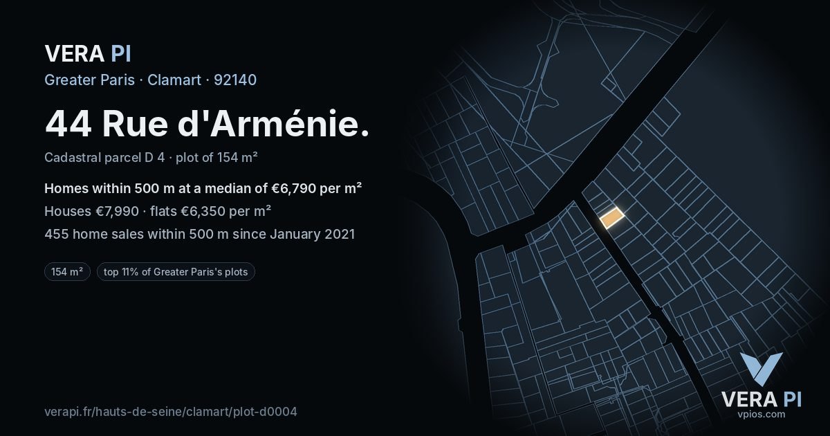 44 Rue d'Arménie, Clamart at night – the plot lit, the parcels around coloured by the prices near them