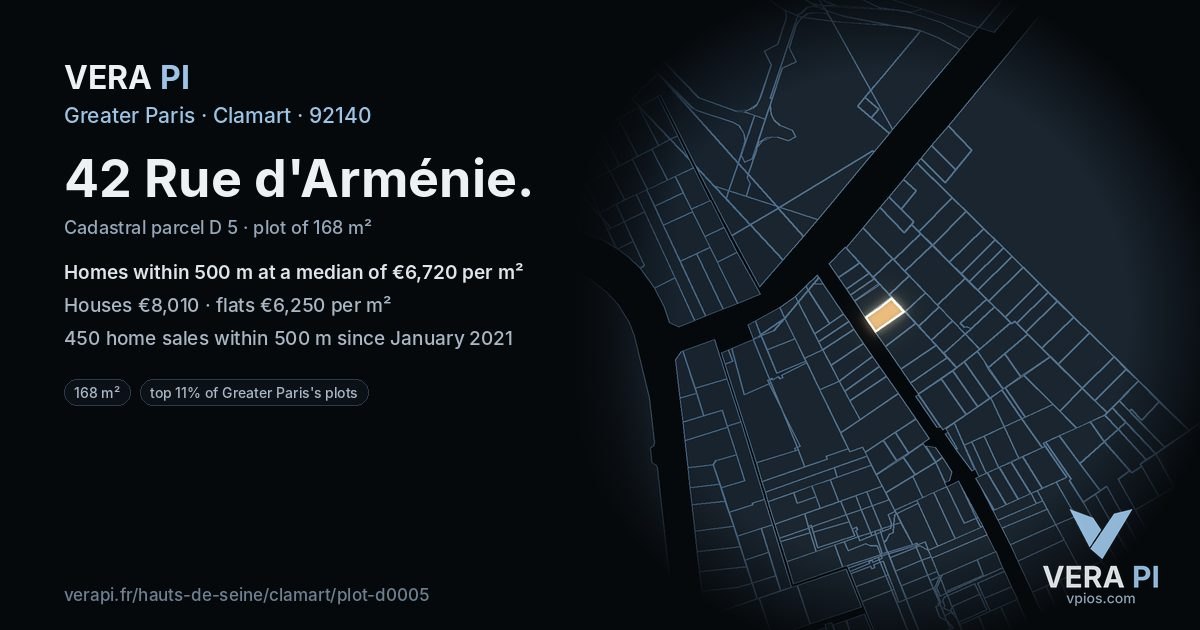 42 Rue d'Arménie, Clamart at night – the plot lit, the parcels around coloured by the prices near them