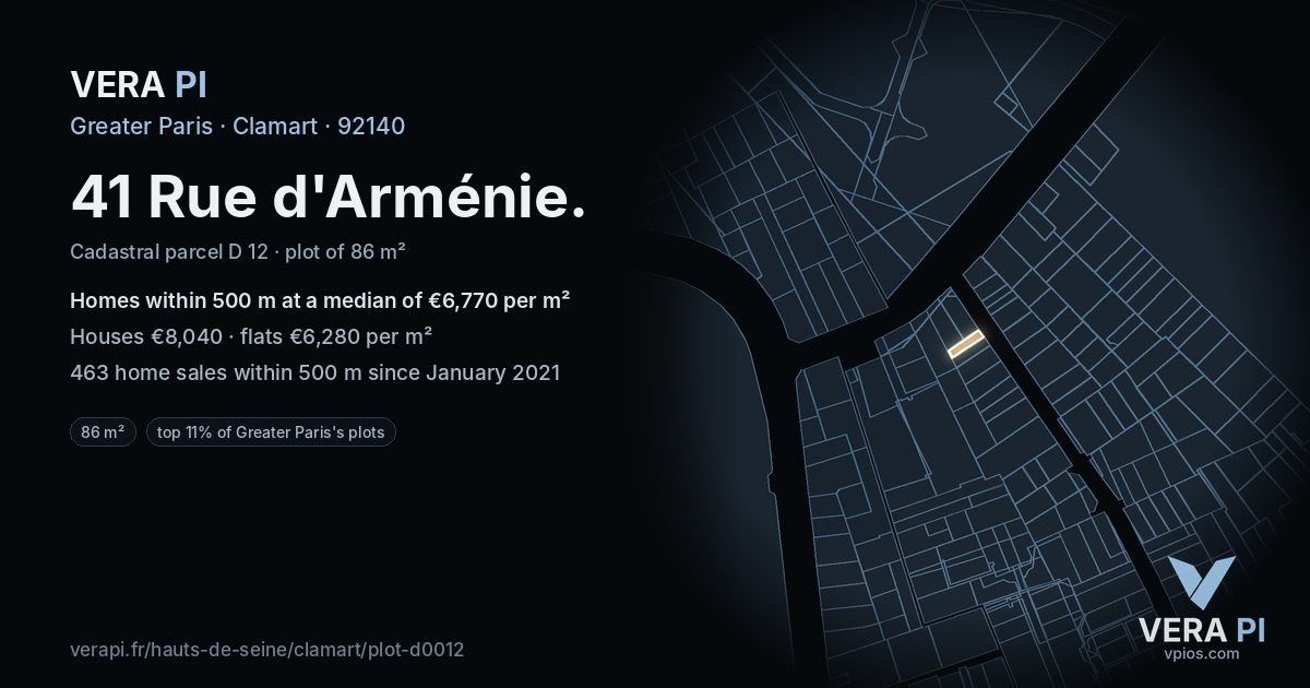 41 Rue d'Arménie, Clamart at night – the plot lit, the parcels around coloured by the prices near them