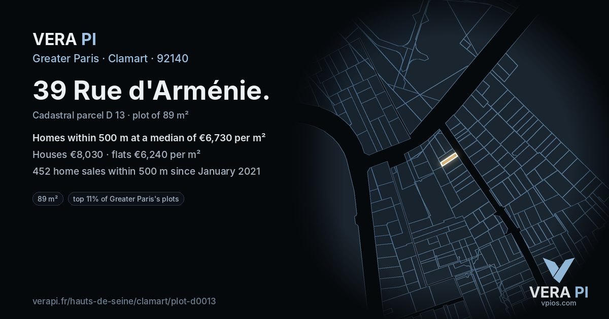 39 Rue d'Arménie, Clamart at night – the plot lit, the parcels around coloured by the prices near them
