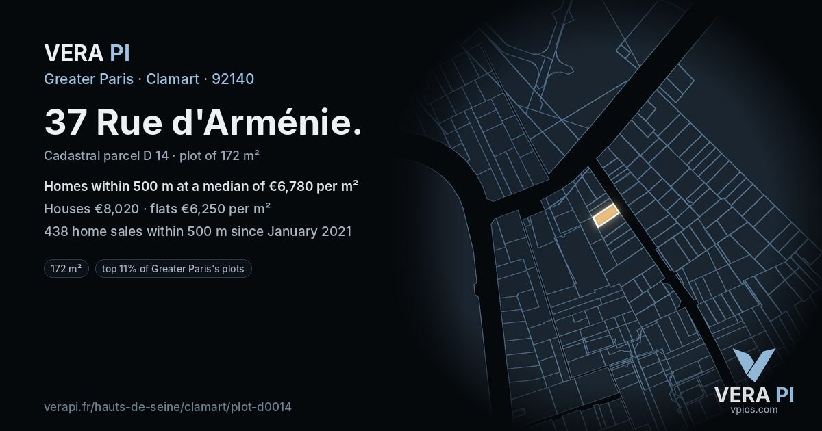 37 Rue d'Arménie, Clamart at night – the plot lit, the parcels around coloured by the prices near them