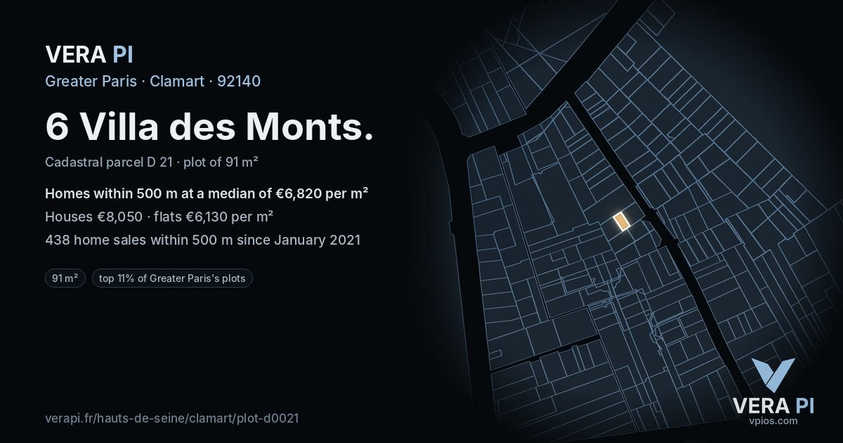6 Villa des Monts, Clamart at night – the plot lit, the parcels around coloured by the prices near them