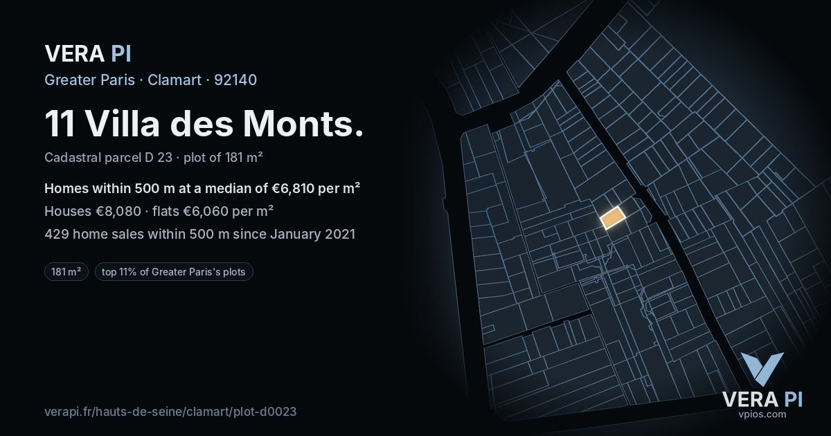 11 Villa des Monts, Clamart at night – the plot lit, the parcels around coloured by the prices near them