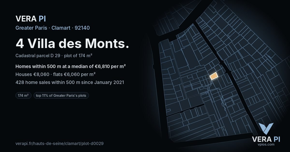 4 Villa des Monts, Clamart at night – the plot lit, the parcels around coloured by the prices near them