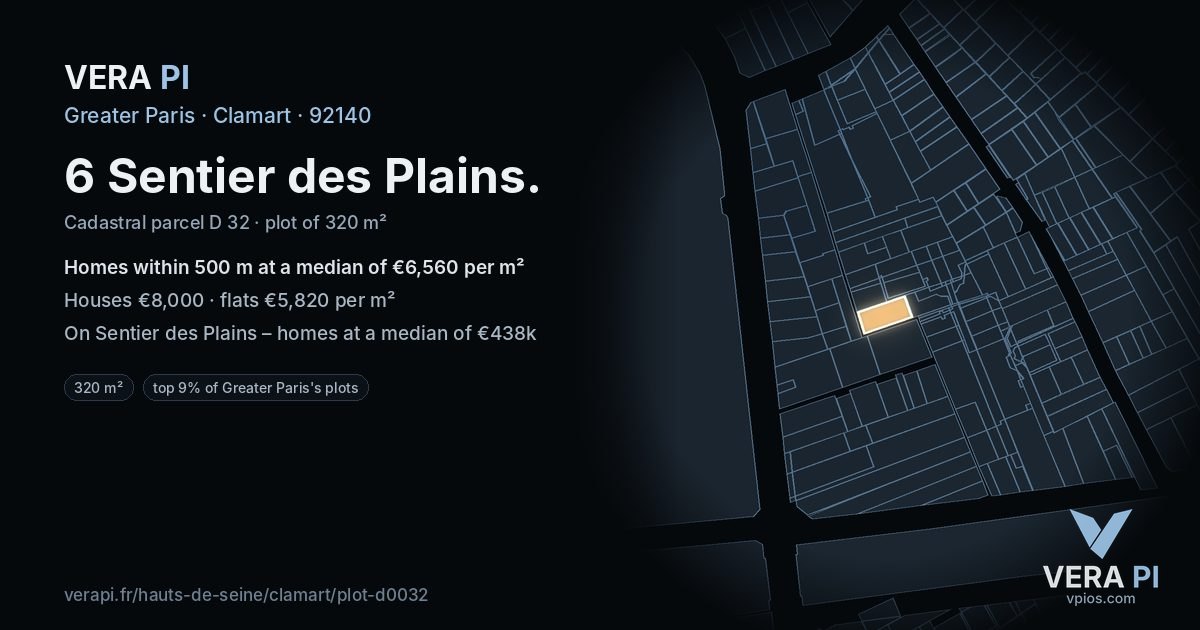 6 Sentier des Plains, Clamart at night – the plot lit, the parcels around coloured by the prices near them