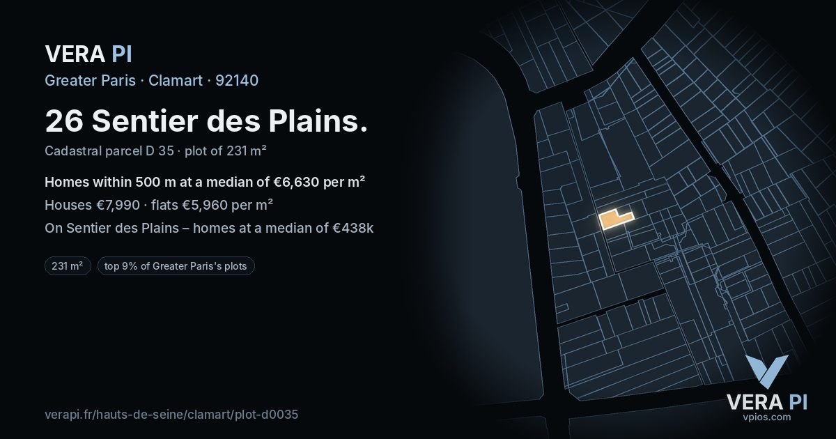 26 Sentier des Plains, Clamart at night – the plot lit, the parcels around coloured by the prices near them