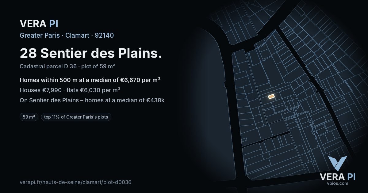 28 Sentier des Plains, Clamart at night – the plot lit, the parcels around coloured by the prices near them