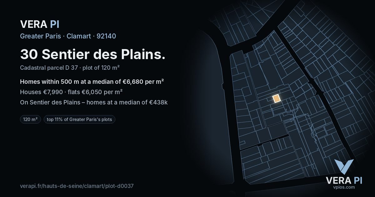 30 Sentier des Plains, Clamart at night – the plot lit, the parcels around coloured by the prices near them