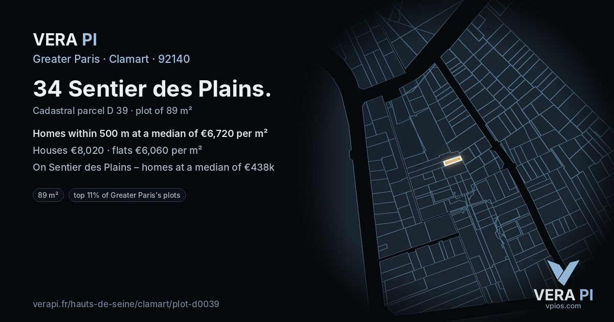 34 Sentier des Plains, Clamart at night – the plot lit, the parcels around coloured by the prices near them