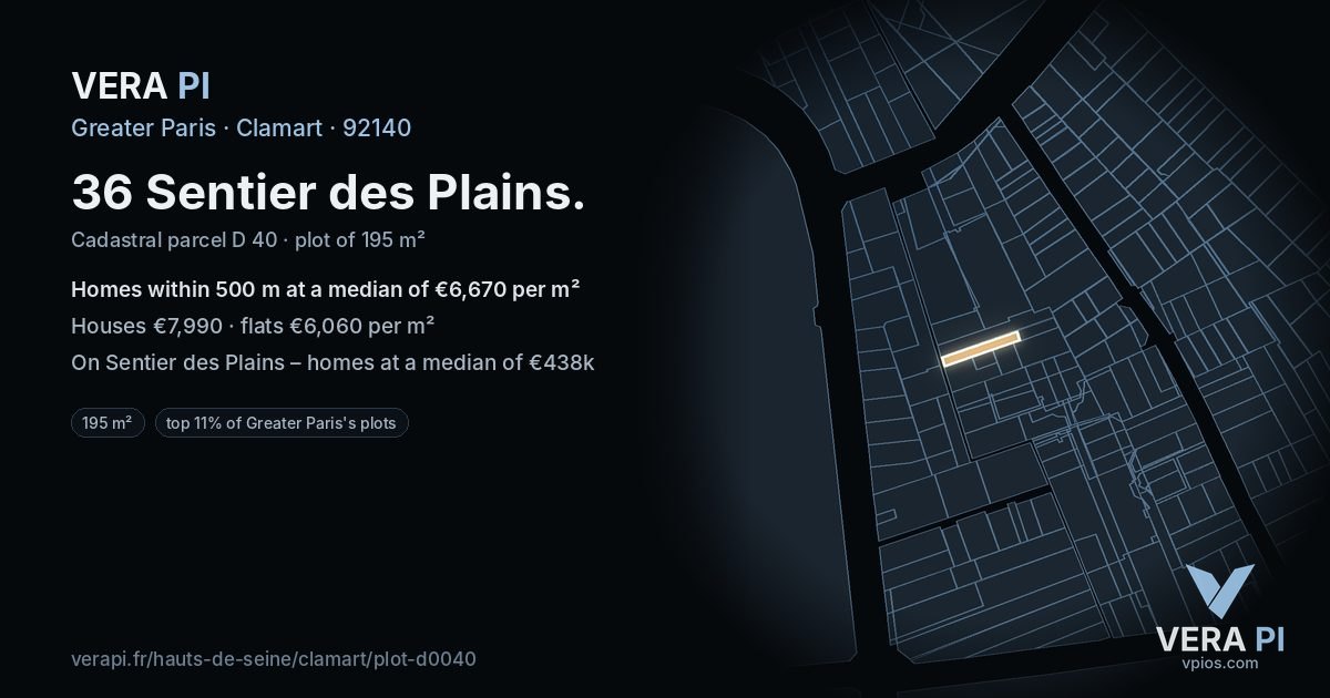 36 Sentier des Plains, Clamart at night – the plot lit, the parcels around coloured by the prices near them