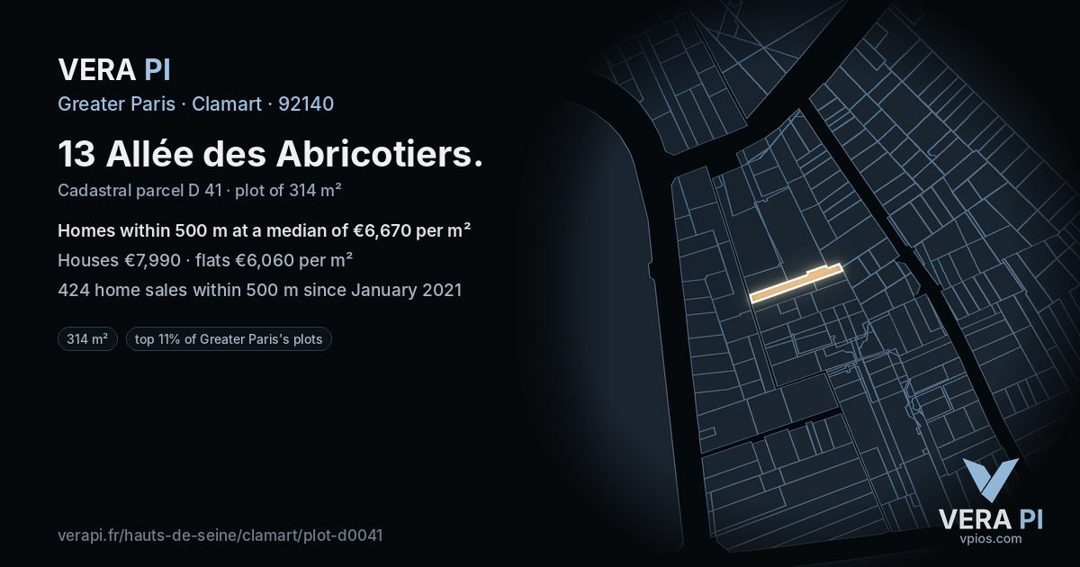 13 Allée des Abricotiers, Clamart at night – the plot lit, the parcels around coloured by the prices near them