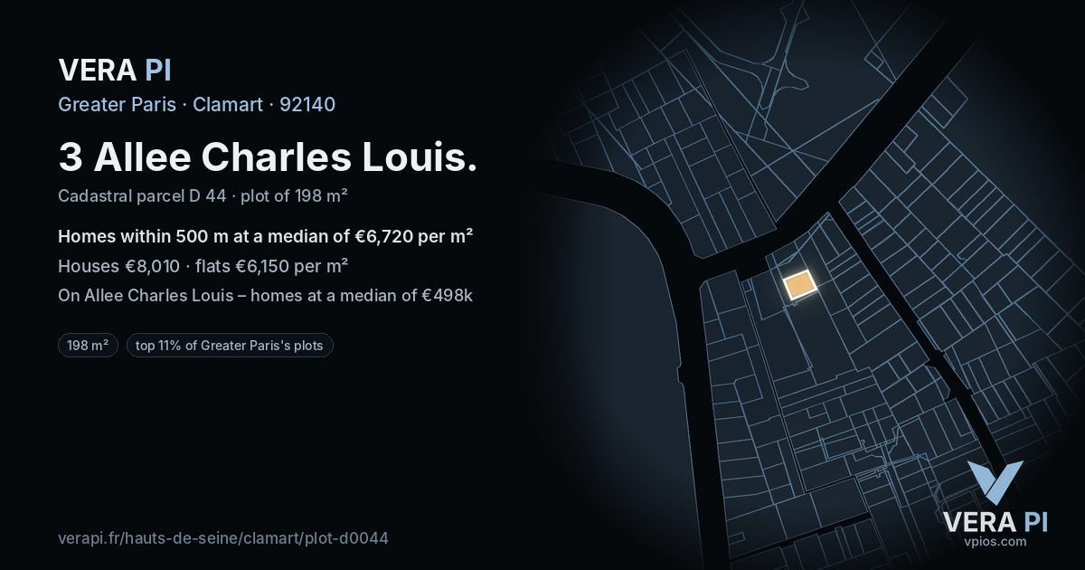 3 Allee Charles Louis, Clamart at night – the plot lit, the parcels around coloured by the prices near them