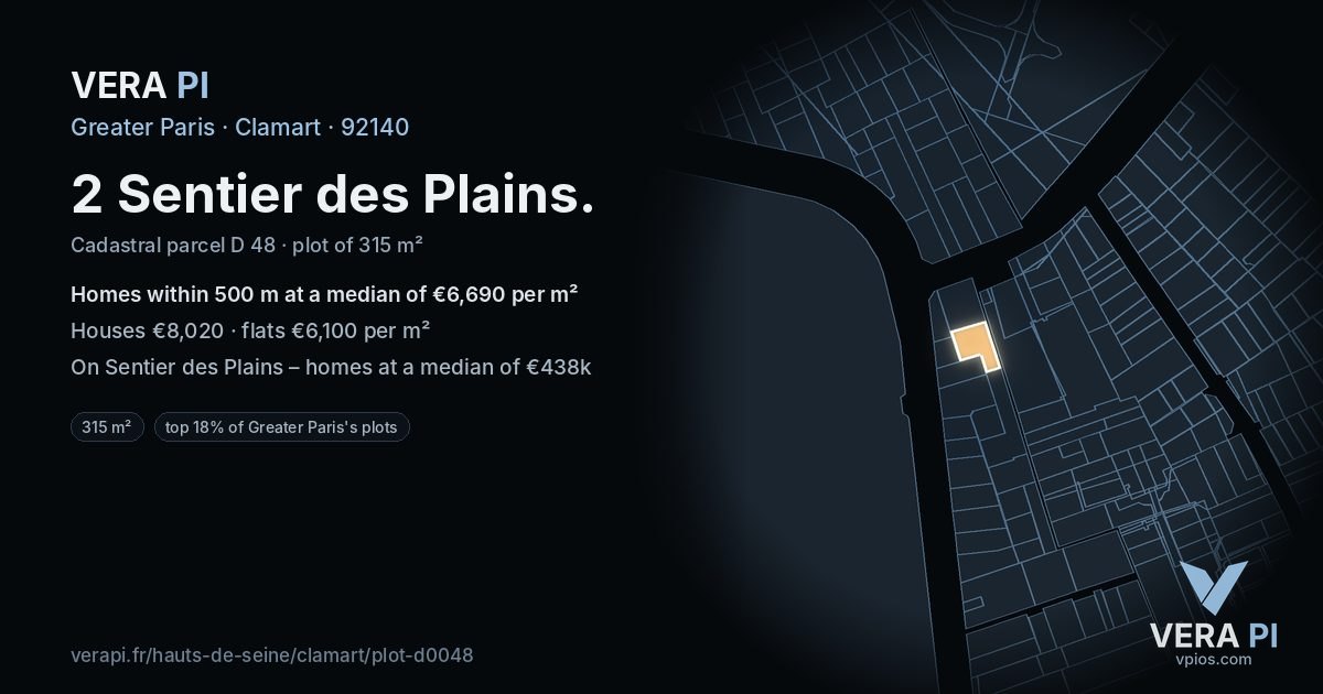 2 Sentier des Plains, Clamart at night – the plot lit, the parcels around coloured by the prices near them