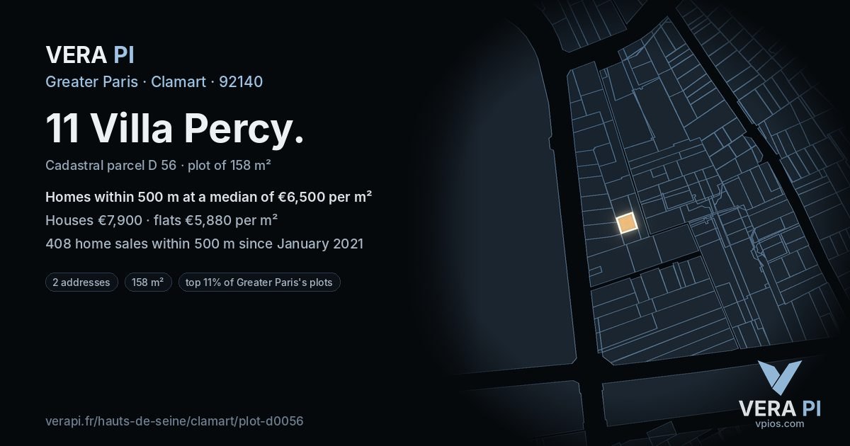 11 Villa Percy, Clamart at night – the plot lit, the parcels around coloured by the prices near them