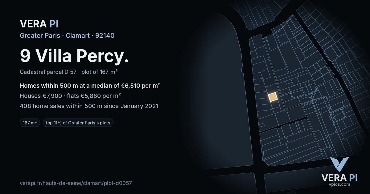 9 Villa Percy, Clamart at night – the plot lit, the parcels around coloured by the prices near them
