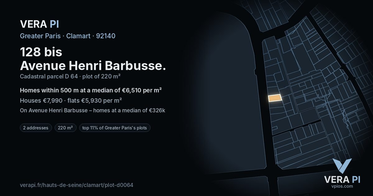 128 bis Avenue Henri Barbusse, Clamart at night – the plot lit, the parcels around coloured by the prices near them