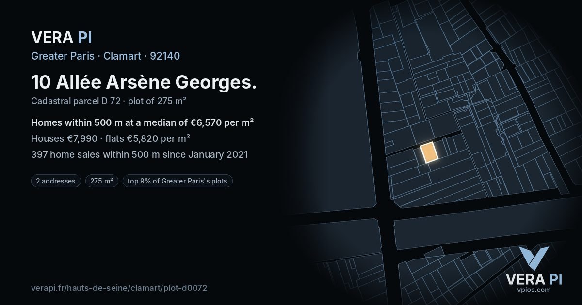 10 Allée Arsène Georges, Clamart at night – the plot lit, the parcels around coloured by the prices near them
