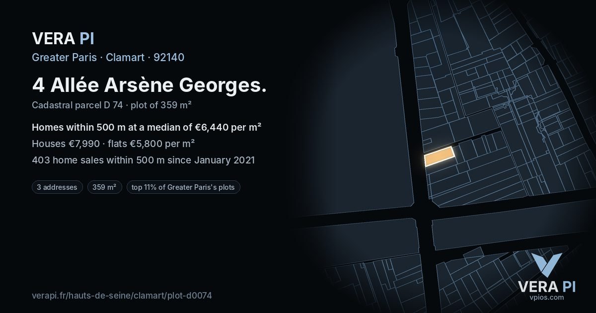 4 Allée Arsène Georges, Clamart at night – the plot lit, the parcels around coloured by the prices near them