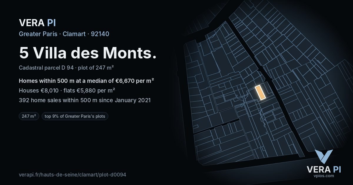 5 Villa des Monts, Clamart at night – the plot lit, the parcels around coloured by the prices near them