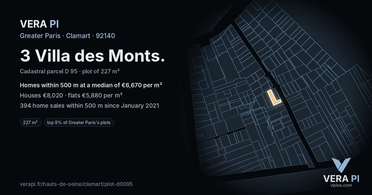 3 Villa des Monts, Clamart at night – the plot lit, the parcels around coloured by the prices near them