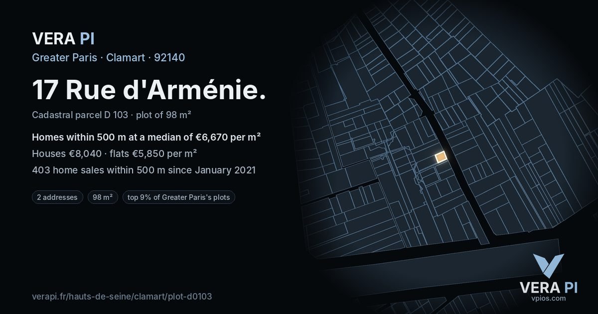 17 Rue d'Arménie, Clamart at night – the plot lit, the parcels around coloured by the prices near them