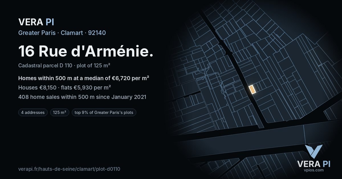 16 Rue d'Arménie, Clamart at night – the plot lit, the parcels around coloured by the prices near them