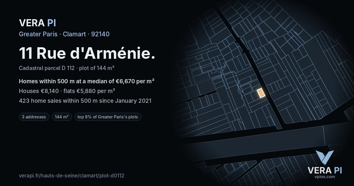 11 Rue d'Arménie, Clamart at night – the plot lit, the parcels around coloured by the prices near them