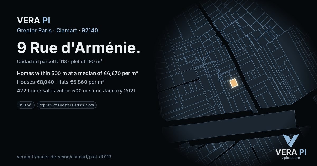 9 Rue d'Arménie, Clamart at night – the plot lit, the parcels around coloured by the prices near them