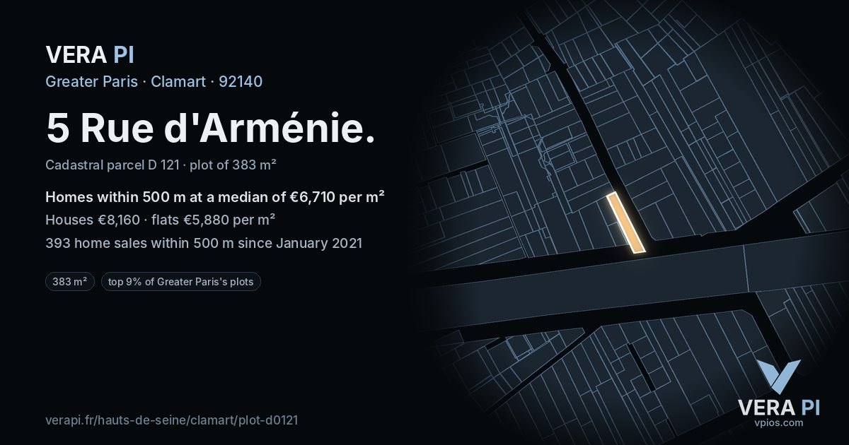5 Rue d'Arménie, Clamart at night – the plot lit, the parcels around coloured by the prices near them