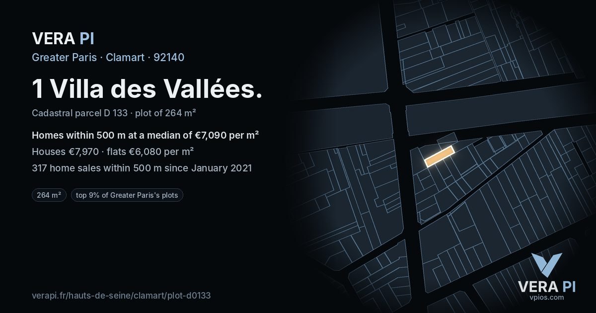 1 Villa des Vallées, Clamart at night – the plot lit, the parcels around coloured by the prices near them