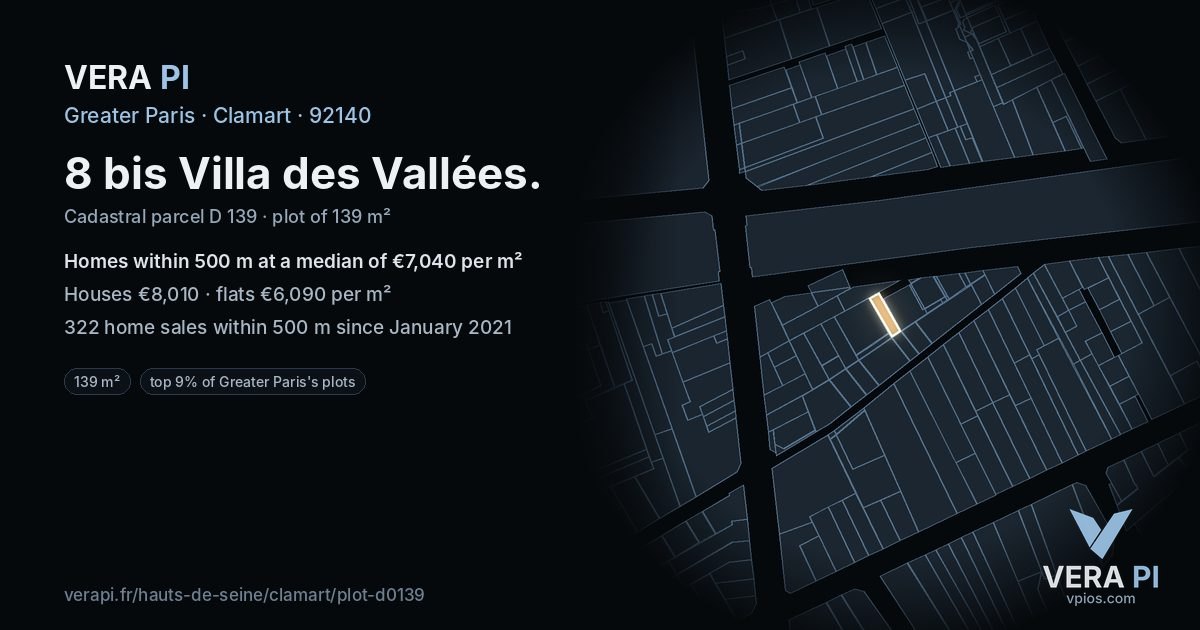 8 bis Villa des Vallées, Clamart at night – the plot lit, the parcels around coloured by the prices near them