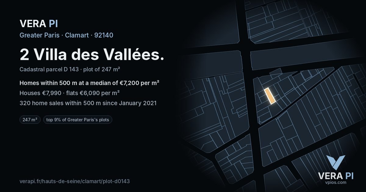 2 Villa des Vallées, Clamart at night – the plot lit, the parcels around coloured by the prices near them