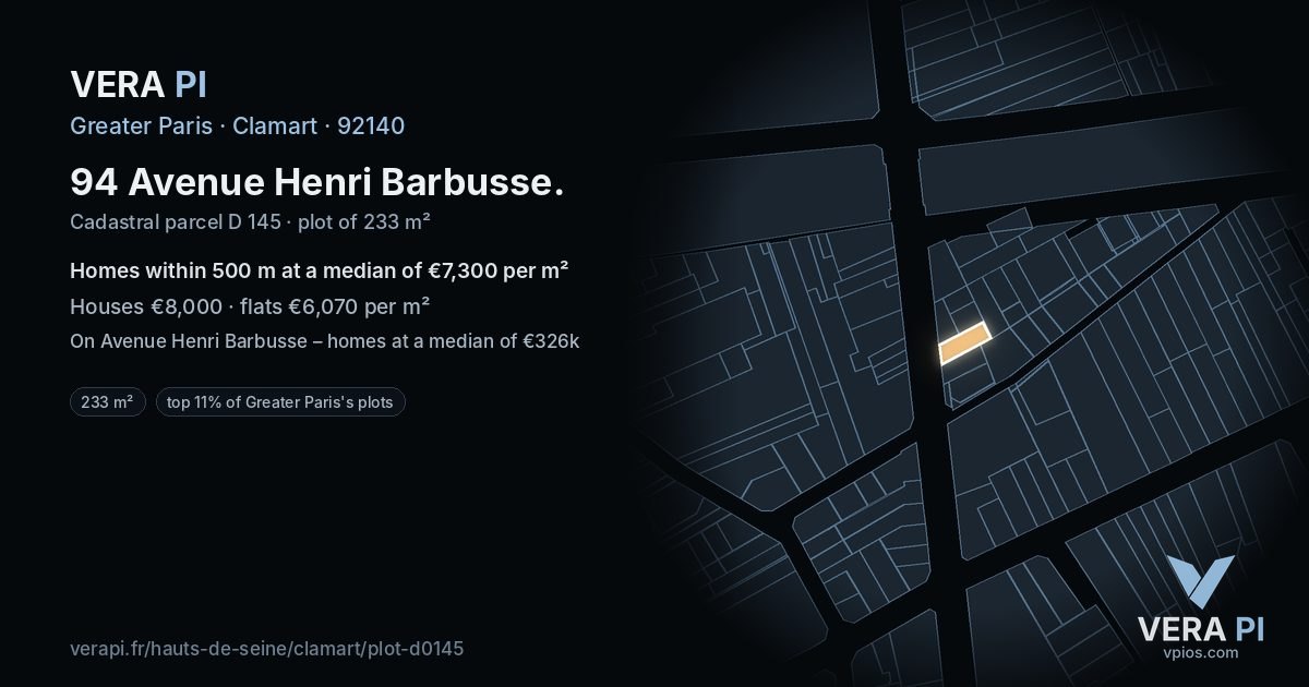 94 Avenue Henri Barbusse, Clamart at night – the plot lit, the parcels around coloured by the prices near them