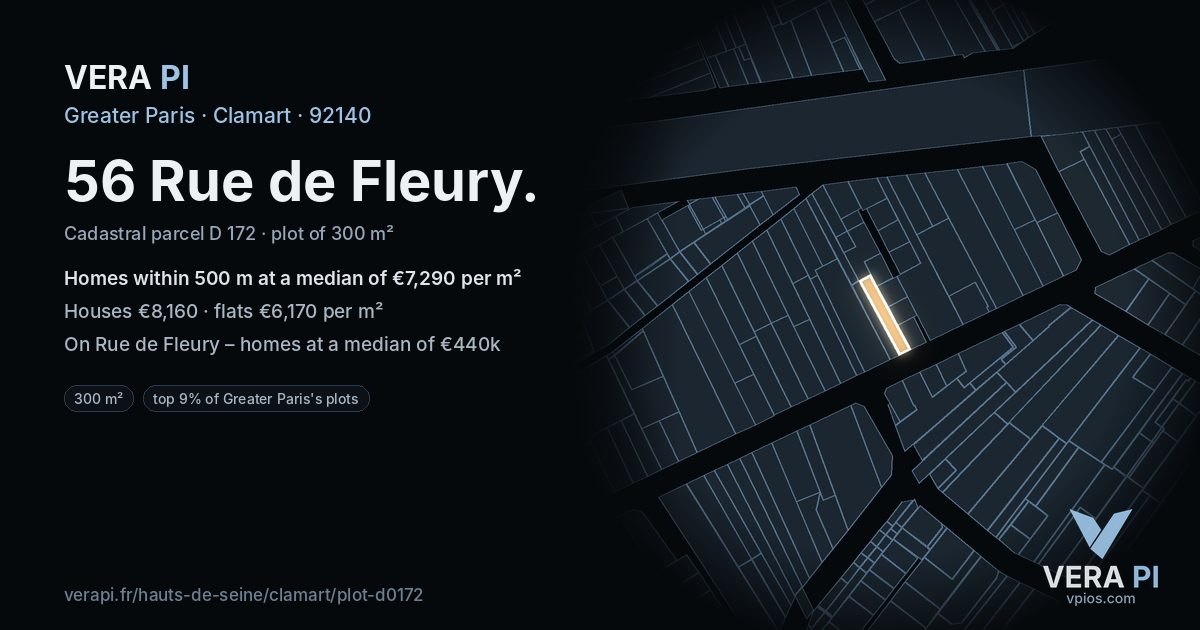 56 Rue de Fleury, Clamart at night – the plot lit, the parcels around coloured by the prices near them